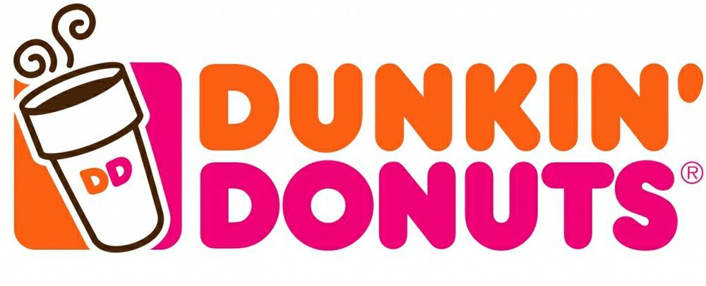 Dunkin' Donuts logo with orange and pink text and a coffee cup graphic.