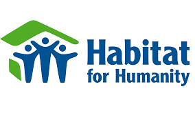 Habitat for Humanity logo: Green roof over three blue figures with arms raised, blue text.