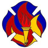 Firefighter emblem: blue, red, and yellow flames surrounding a gold torch.