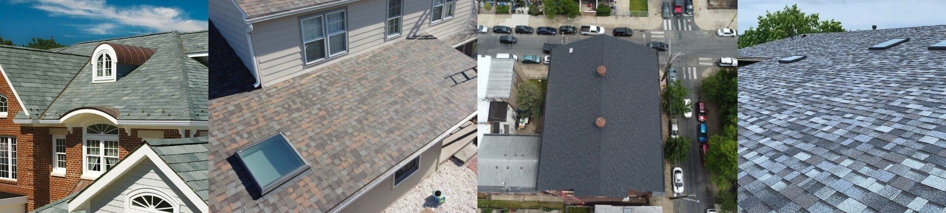 Four aerial views of different rooftops, including a house and a building.