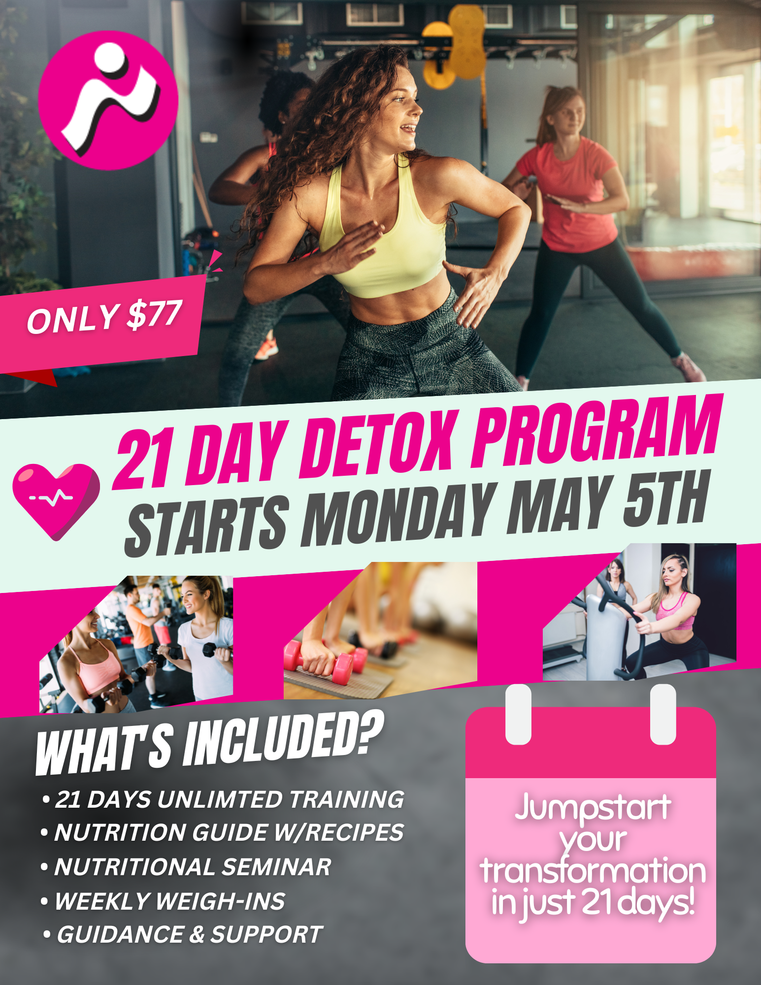 A pink poster for a 21 day detox program