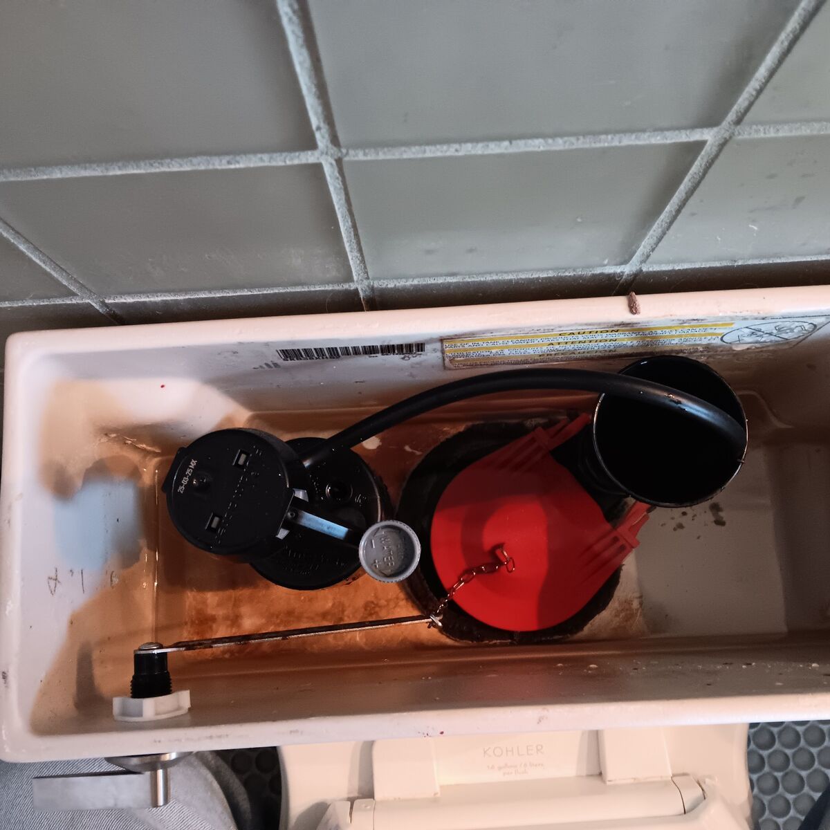 Toilet tank interior with red flapper, black fill valve, and connecting parts.