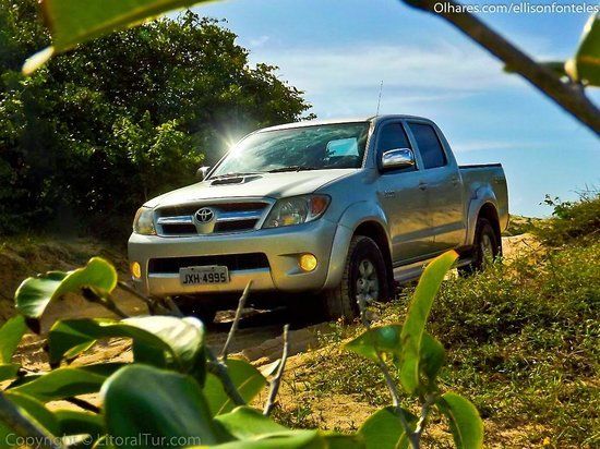 Um caminhão prateado está estacionado em uma estrada de terra cercada por árvores.