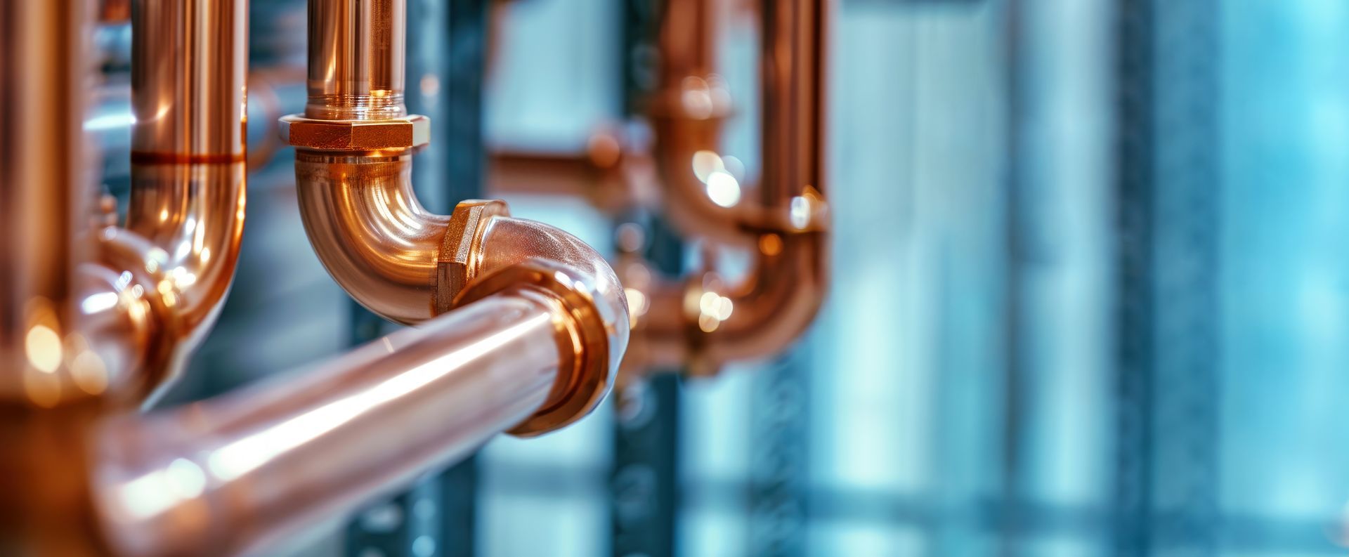 Copper pipes with elbows and valves against a blurred blue industrial background