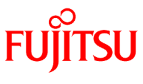 Red Fujitsu logo with stylized infinity mark above the wordmark
