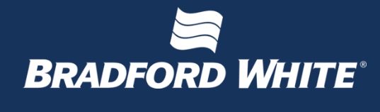 Bradford White logo on a blue background with a white wave icon.