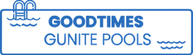 The logo for goodtimes gunite pools shows a swimming pool and the words `` goodtimes gunite pools ''.