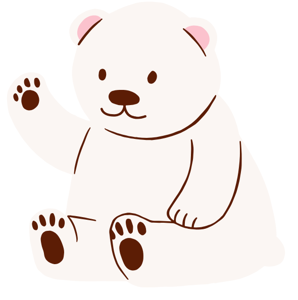 Cartoon polar bear waving with brown paws and nose.