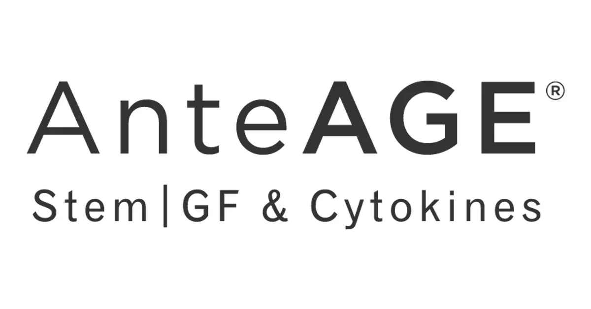 AnteAGE logo in black text with subtitle “StemGF & Cytokines” on a white background
