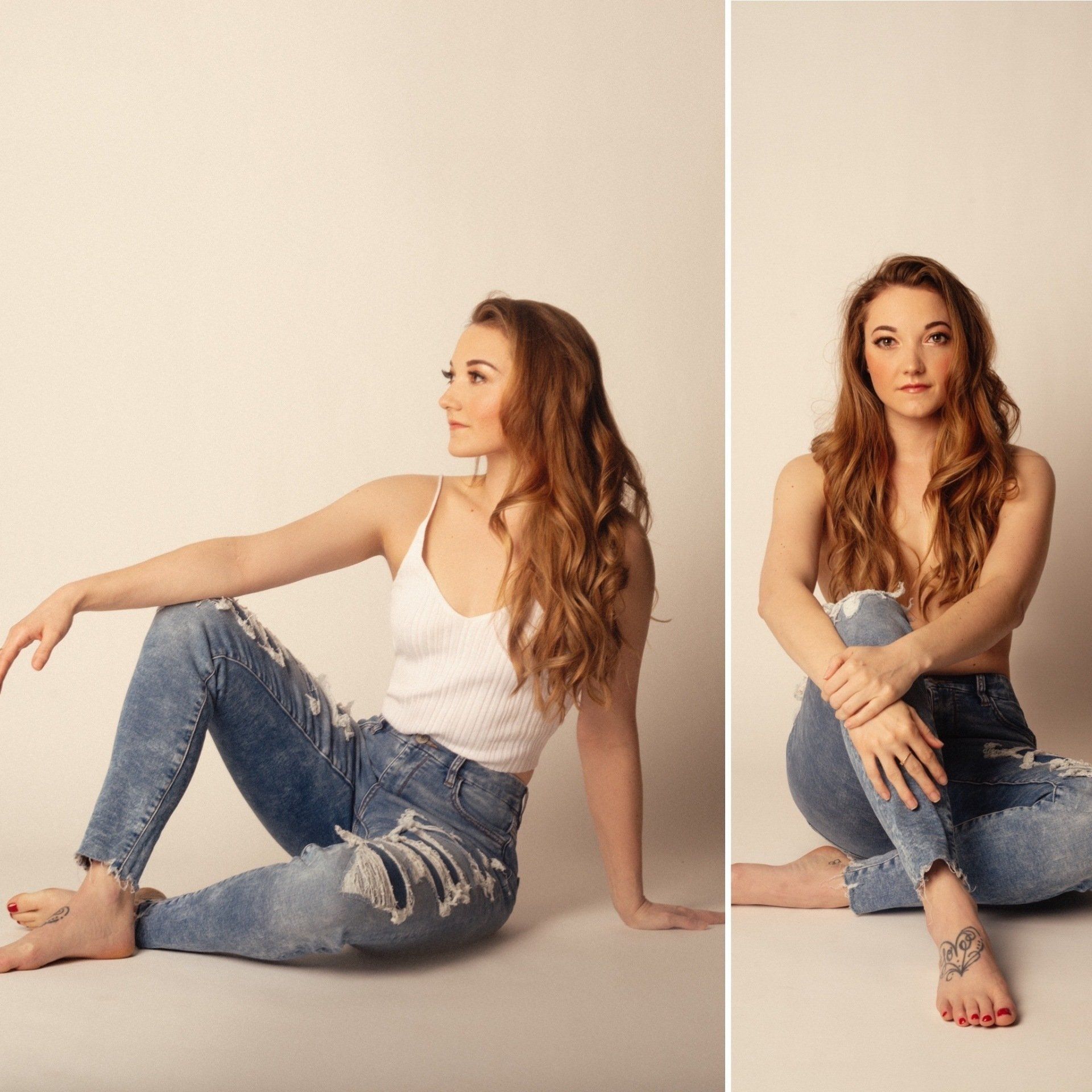 Woman in a white top and ripped jeans posing seated against a plain wall, shown in two poses.