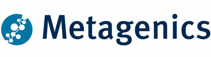 Metagenics logo in blue with a circular icon of connected dots