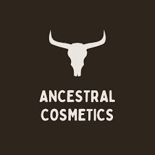 Ancestral Cosmetics logo with a white bull skull on a dark brown background.