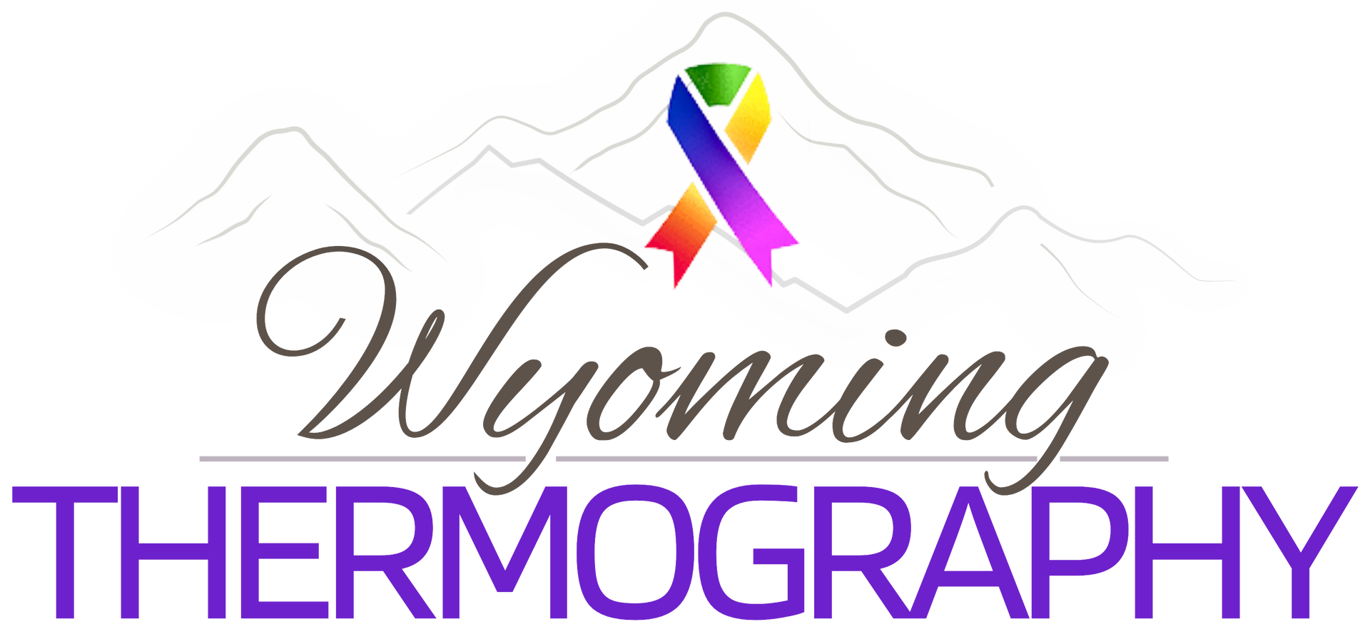 Wyoming Thermography logo with rainbow ribbon and mountain outline