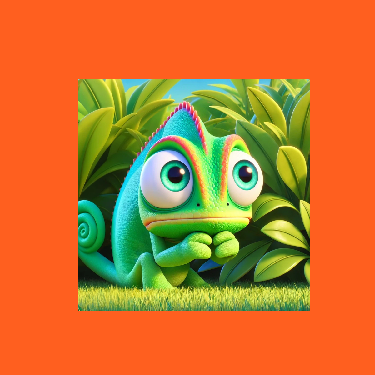 A cartoonish green chameleon with large, wide eyes sits in lush grass against a bright orange background.