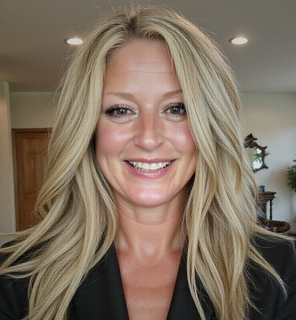 A woman with long blonde hair is smiling and wearing a cross necklace.