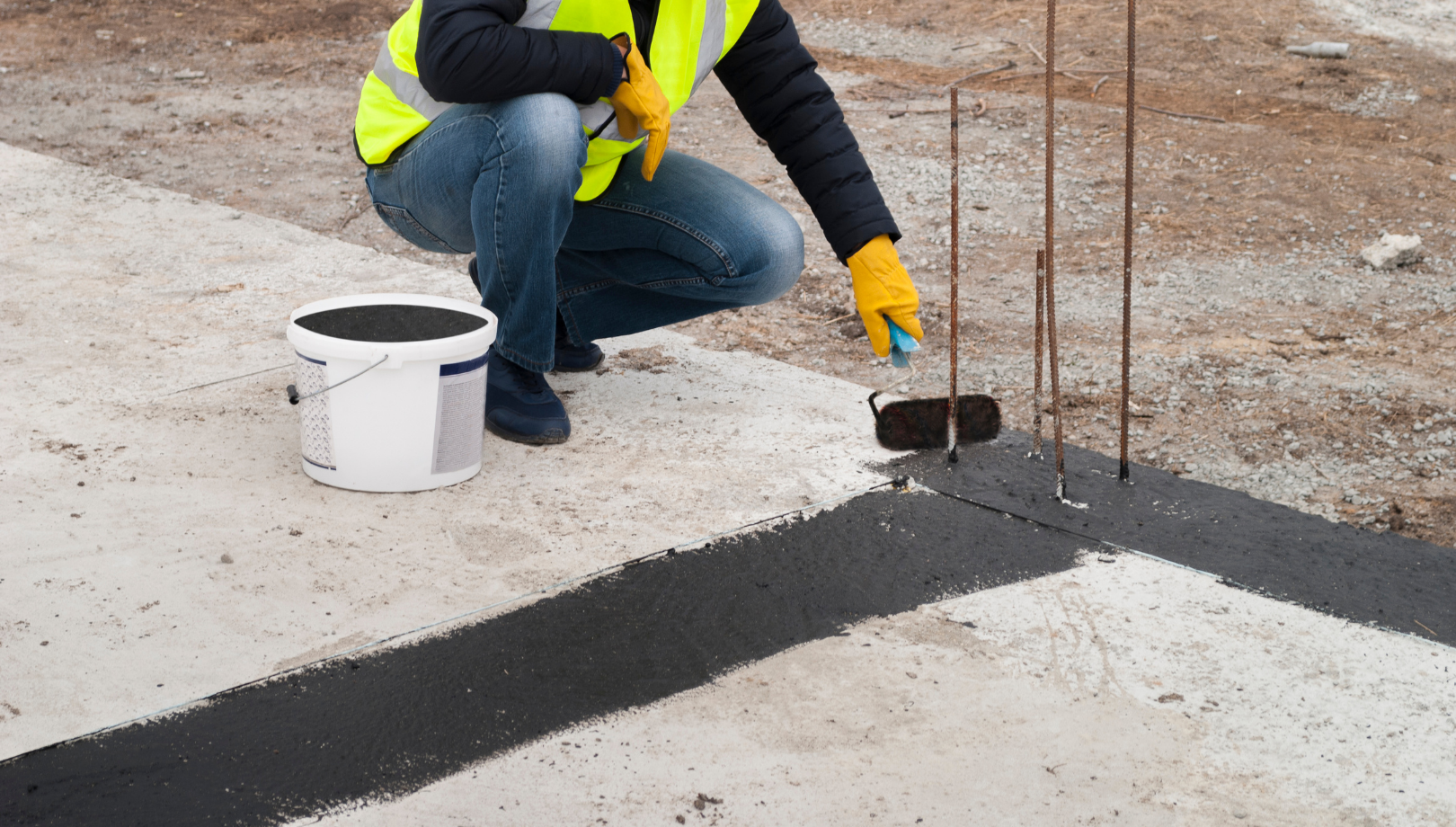 Worker in a neon vest paints a black stripe on concrete near rebar and a paint bucket.