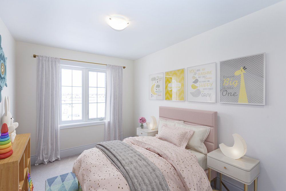 A bedroom with a bed , nightstand , and window.