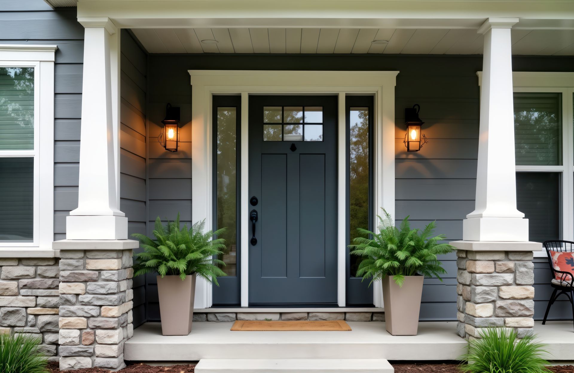 A gray house with a porch and a gray door