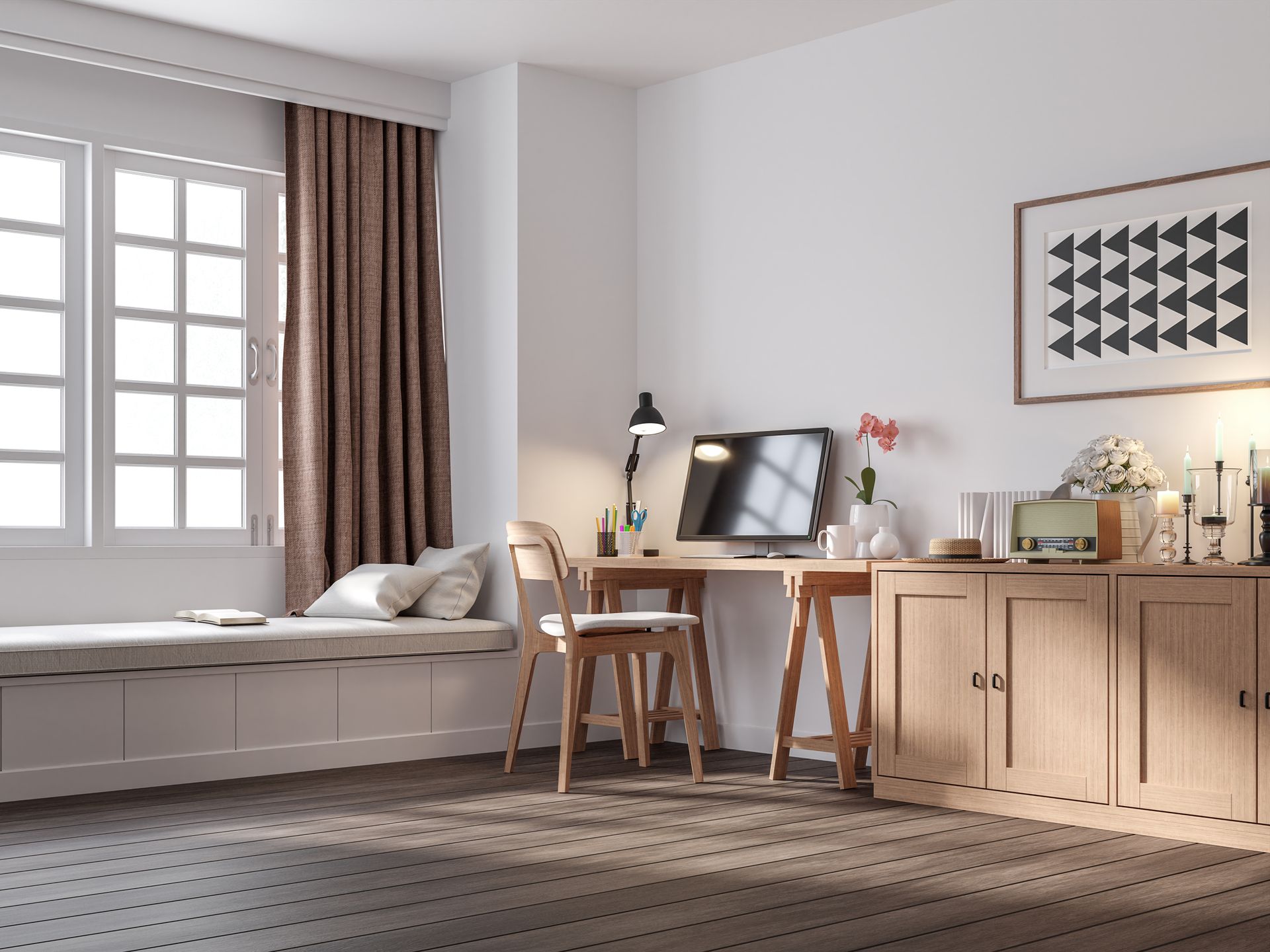 A room with a desk , chairs , cabinets and a window.