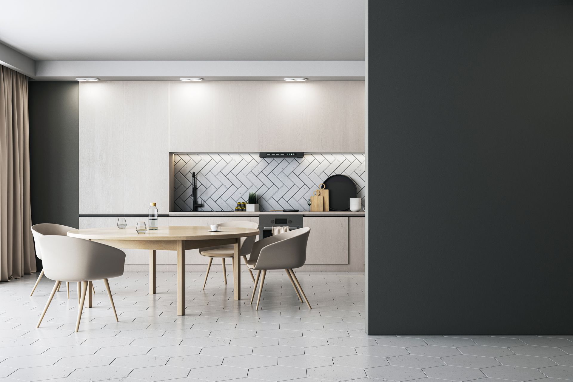 A kitchen with a table and chairs and a black wall.