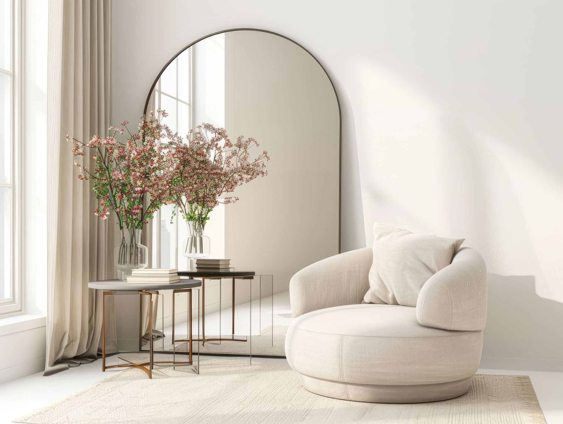 A living room with a chair , table , and large mirror.
