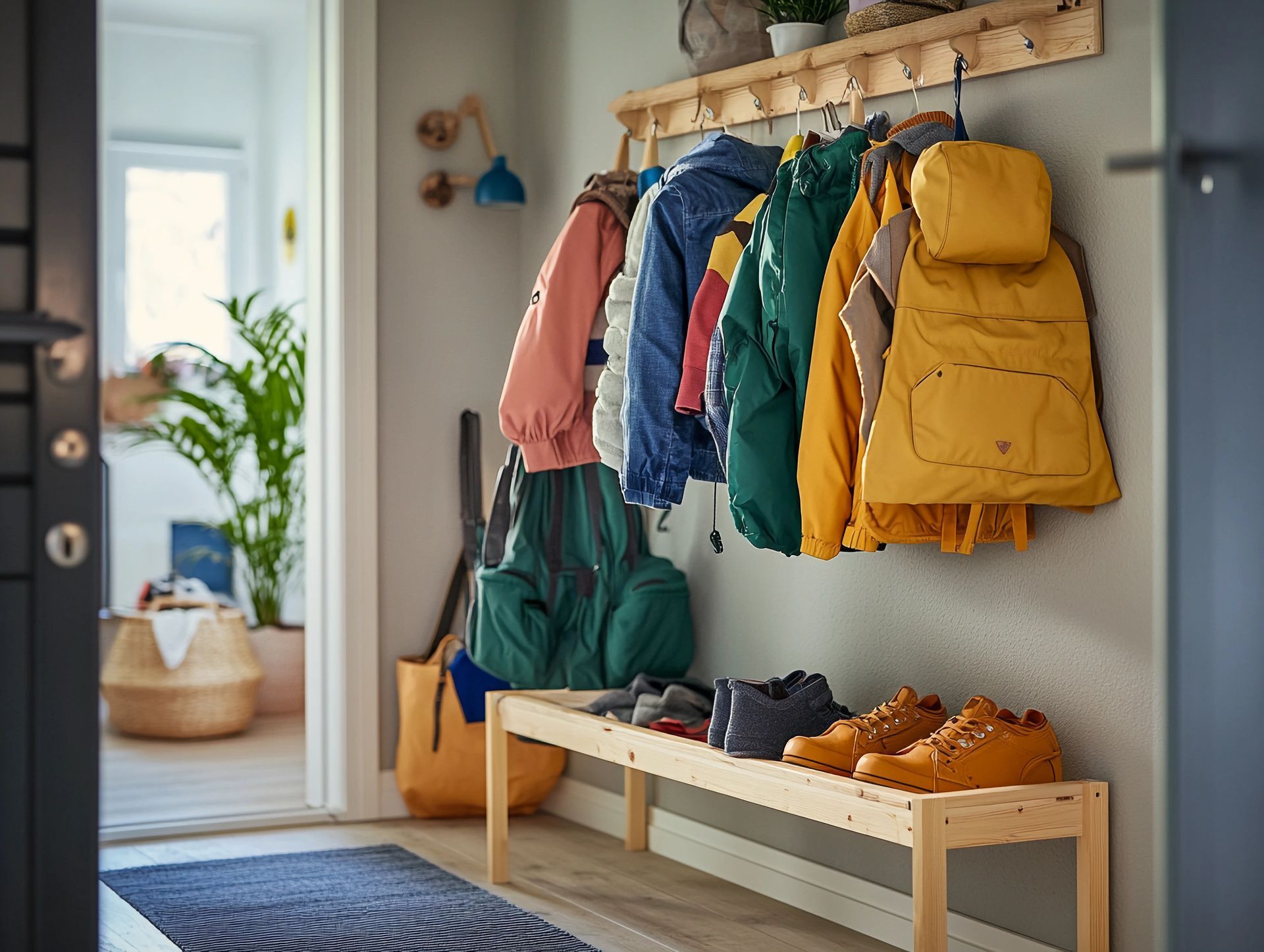 Hallway with coats on a rack, shoes on a bench, and a glimpse of a living room.