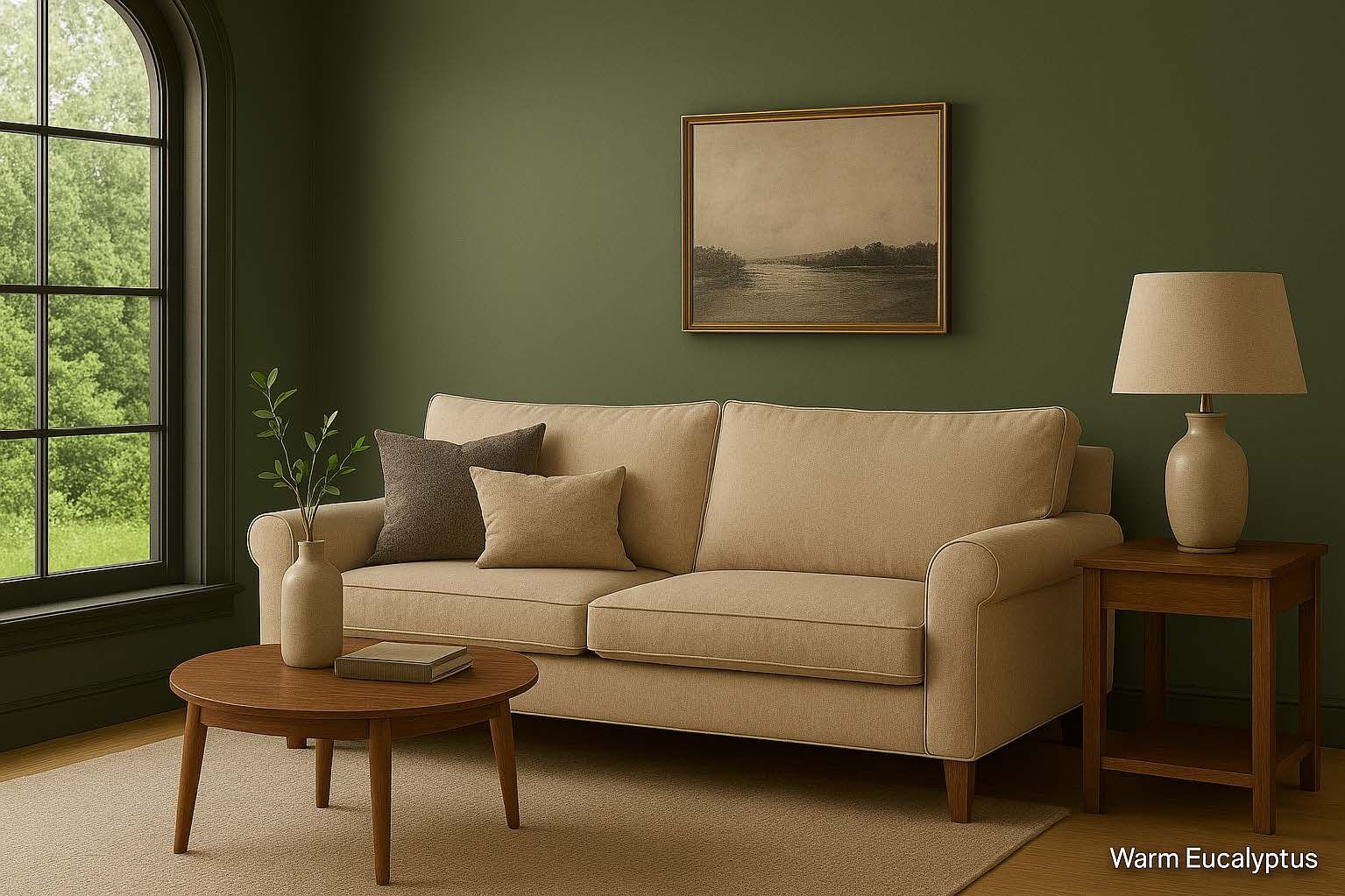 Cozy living room with cream couch, small wooden table, framed art, and a lamp against a green wall.