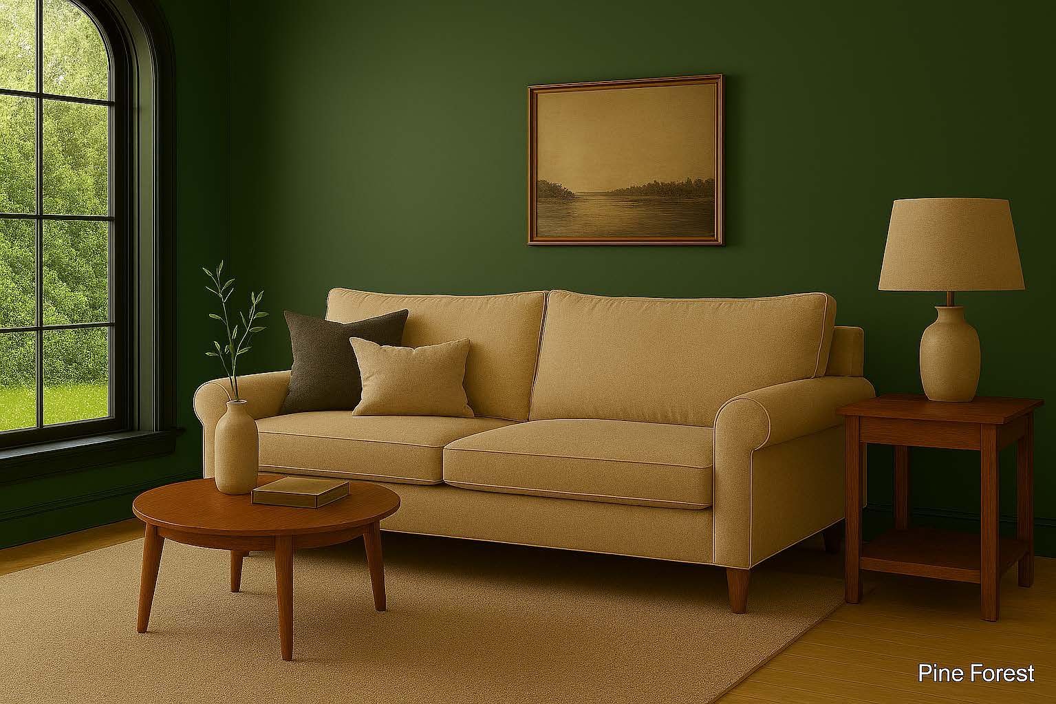 A beige sofa in a room with a dark green wall, a small wooden table, and a window.