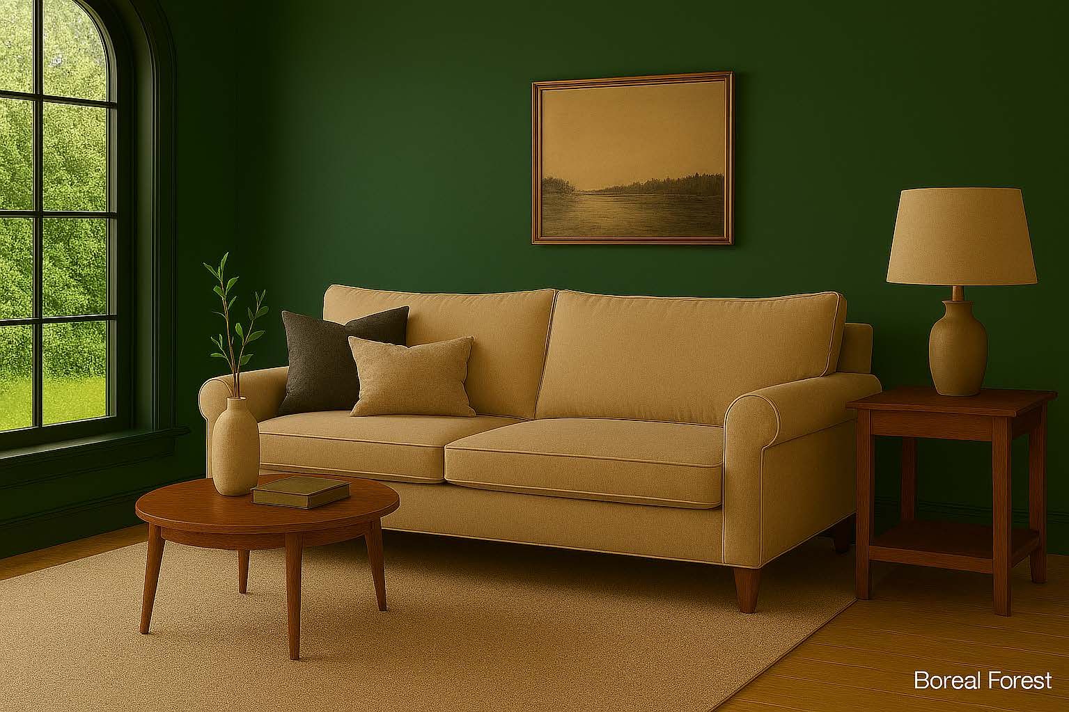 Living room with a tan couch, green walls, wooden furniture, and a window overlooking greenery.