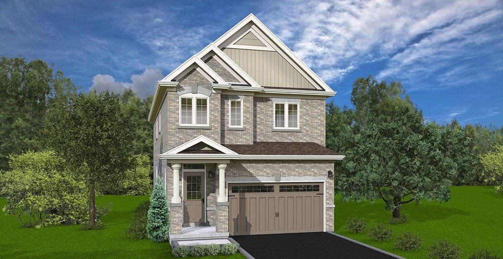 An artist 's impression of a house with a garage and a driveway.