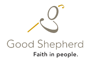 Good Shepherd logo: stylized shepherd with staff and the words