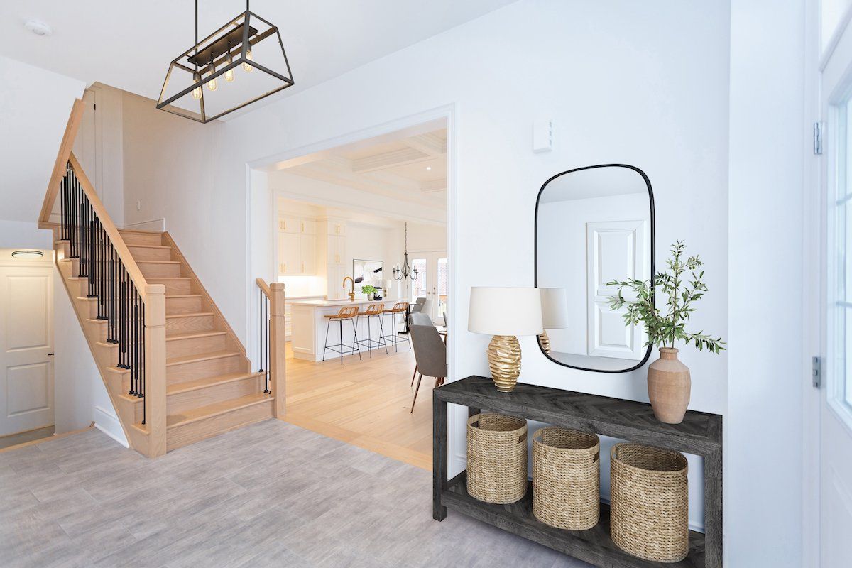 A 3d rendering of a hallway with a staircase and a mirror.