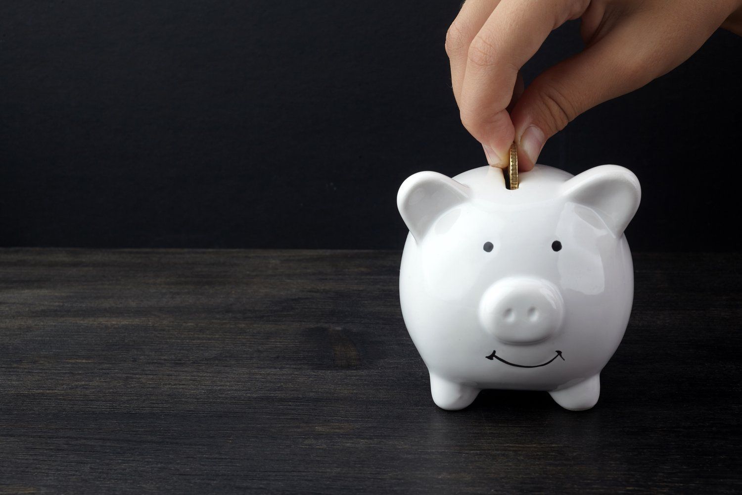 A person is putting a coin into a piggy bank