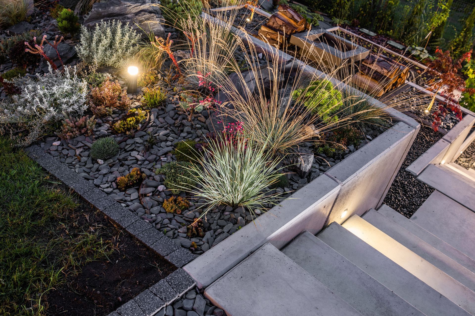 An aerial view of a garden with stairs and plants.