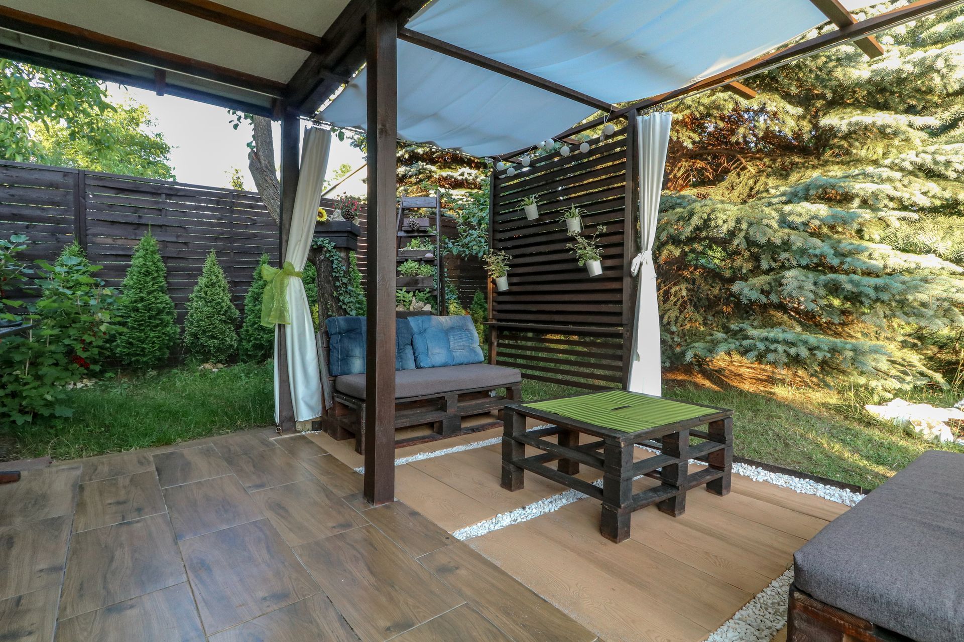 A patio with a couch , table and chairs under a canopy.