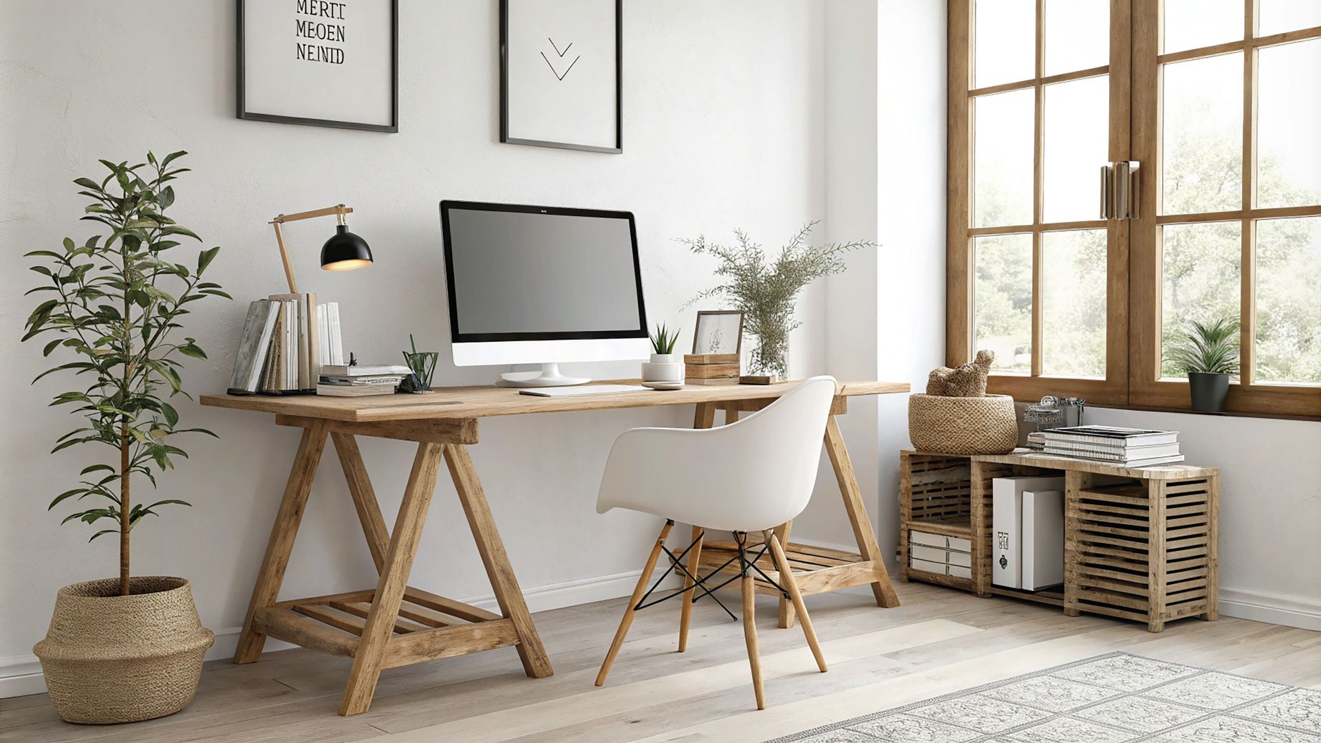 A office desk with a computer on it in a room with a window.