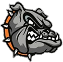 Aggressive gray bulldog mascot logo with orange spikes and a snarling expression