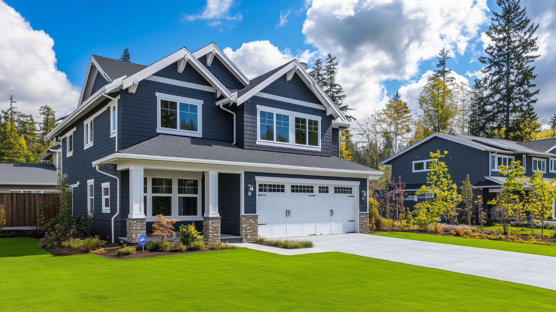 Blue two-story suburban house with white trim, attached garage, and green lawn under a partly cloudy sky