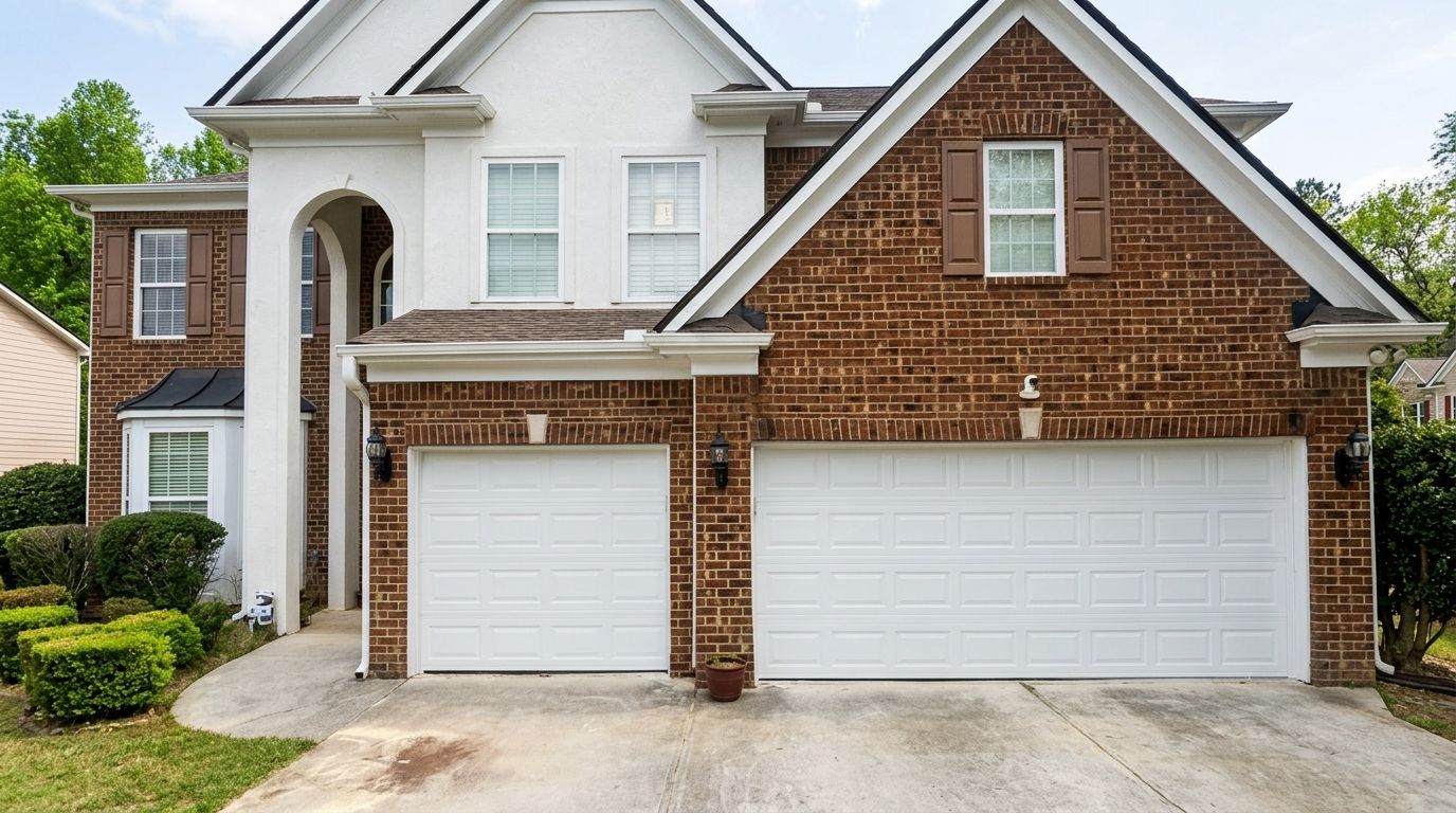 Two-story brick and white suburban house with a double garage and driveway
