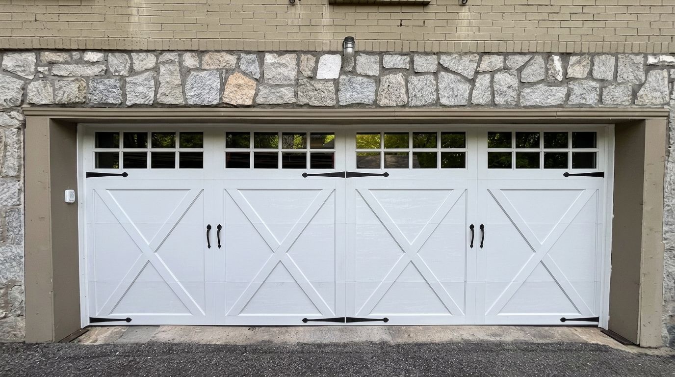 White double garage door set in a stone wall with small windows above.
