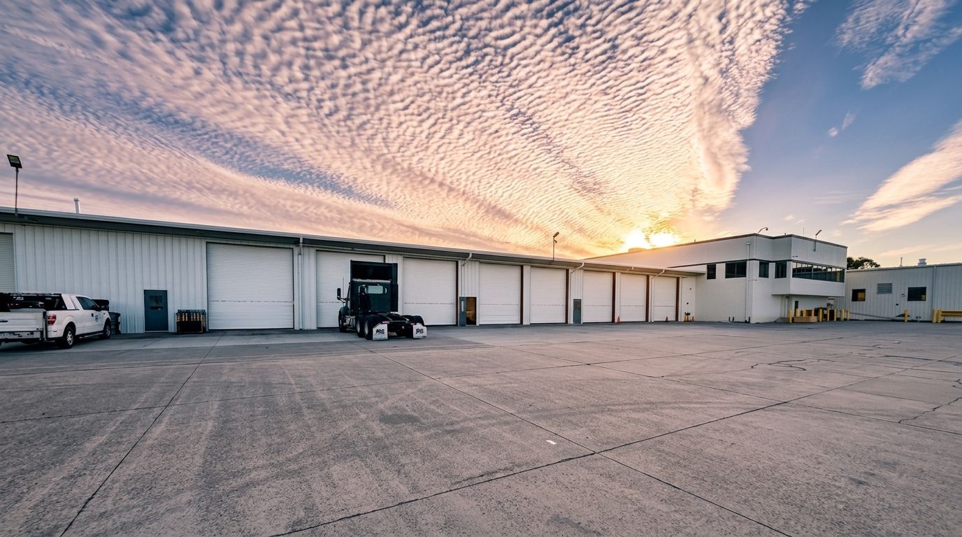 Industrial warehouse loading docks at sunset with a forklift in front and dramatic cloud-filled sky.