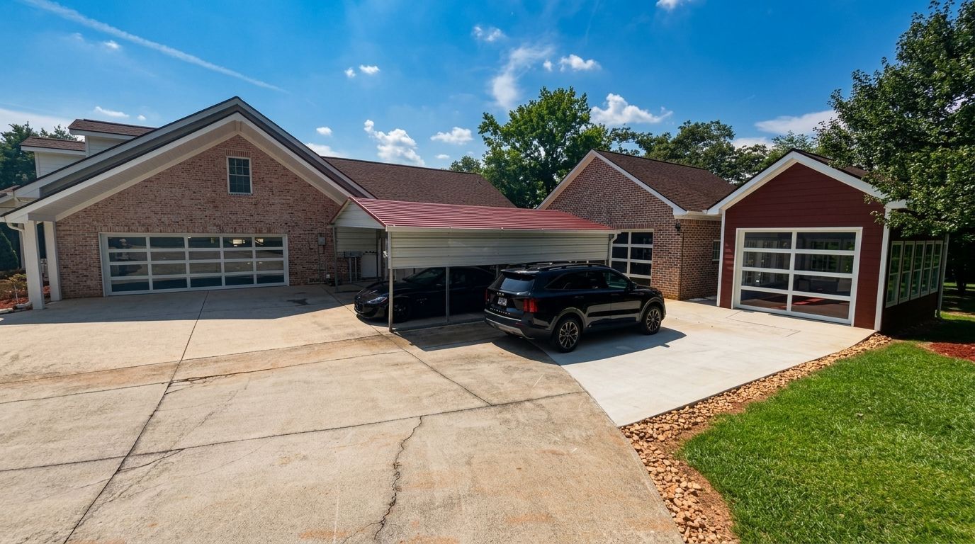 Brick house with two garages and a black SUV parked in the driveway under a blue sky