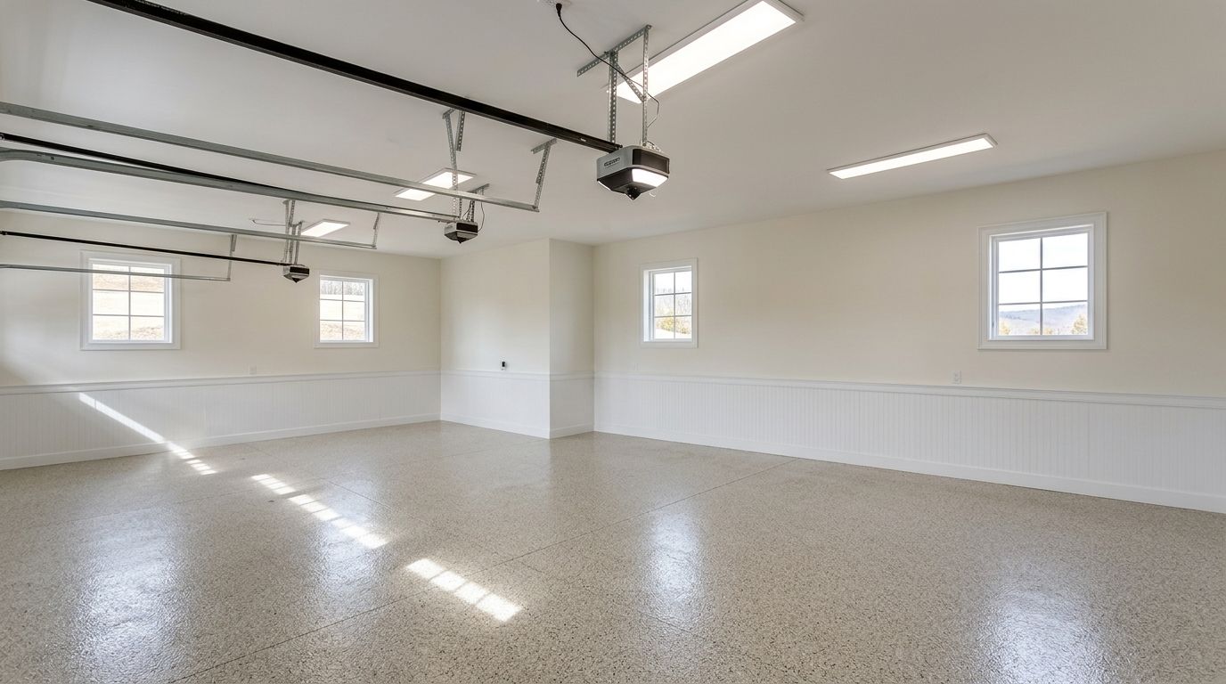 Empty bright garage with white walls, windows, and a speckled concrete floor.
