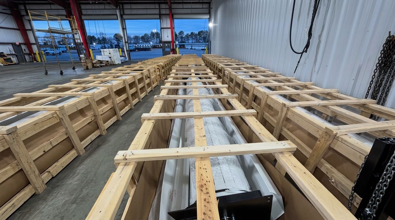 Wood-framed construction layout with long beams and cross supports inside a warehouse-like building