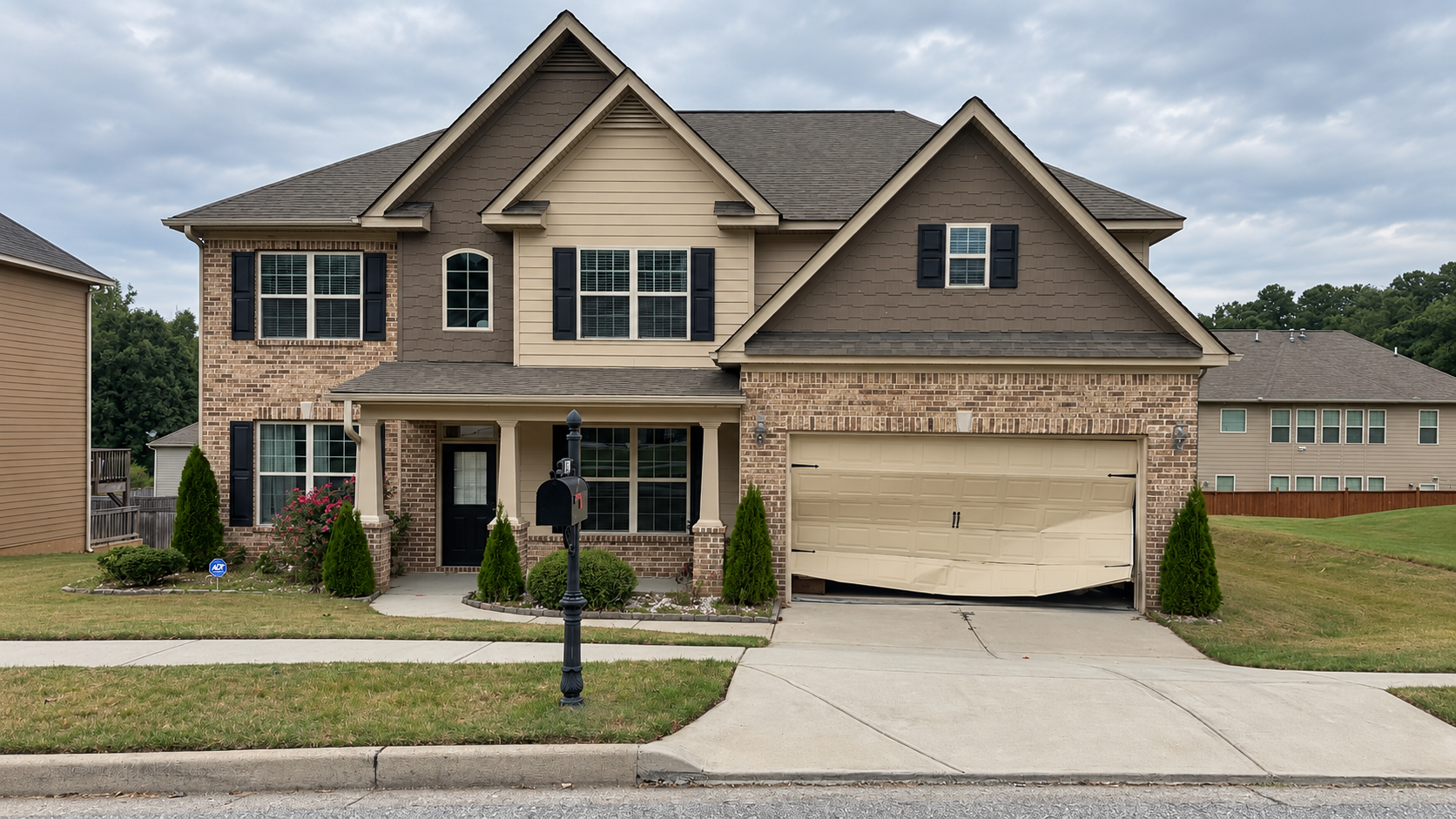 Suburban two-story house with beige siding, brick accents, and a double garage facing the street