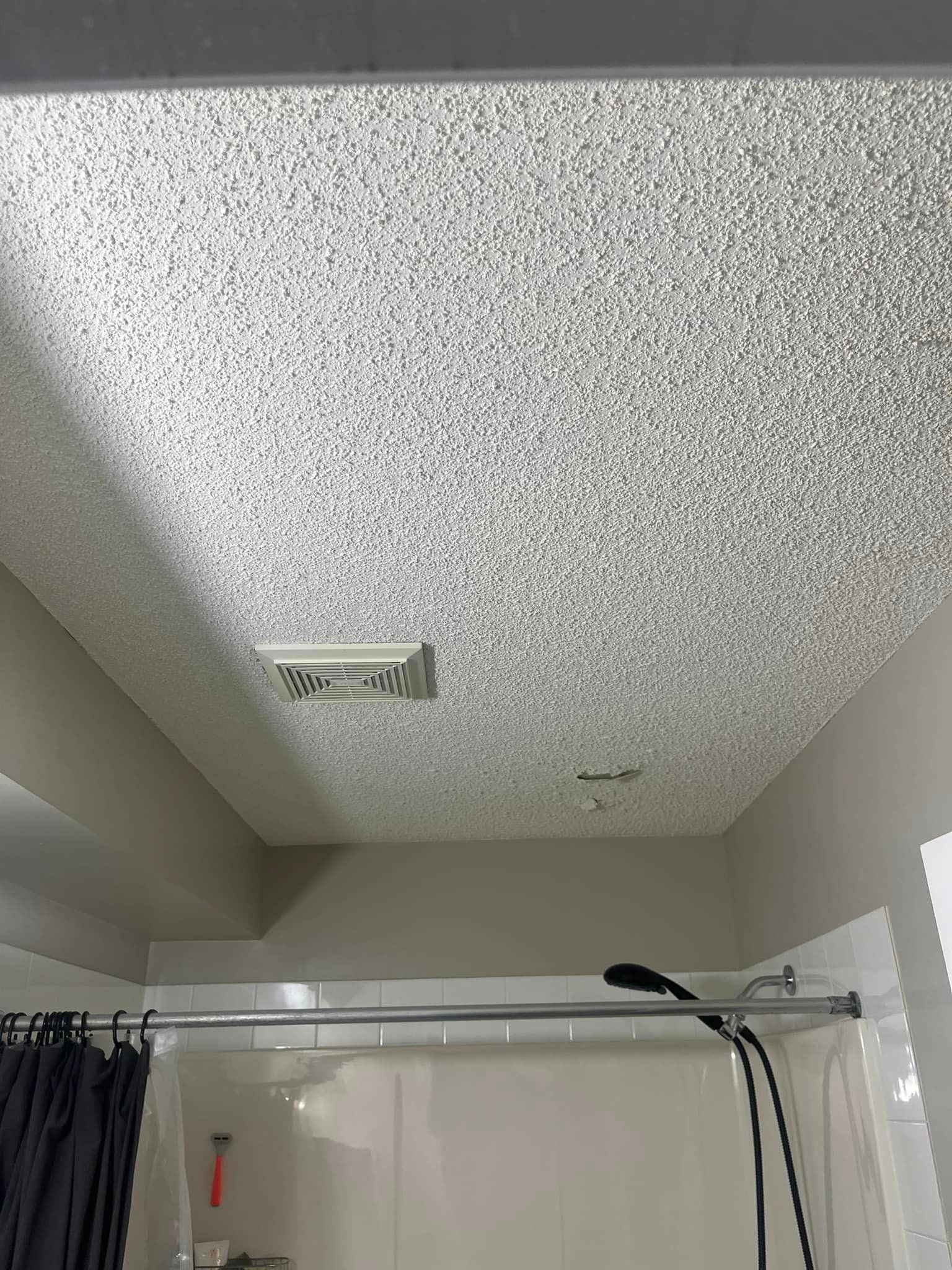 A bathroom with a shower and a ceiling fan.