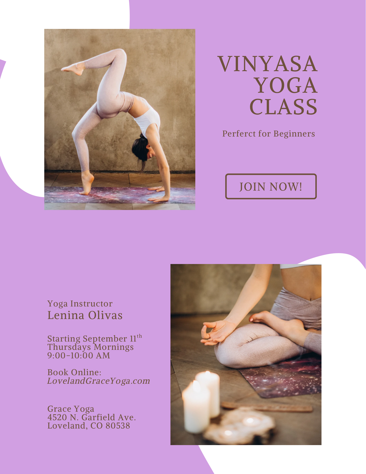 Vinyasa yoga class promotion. Woman in a backbend pose and another meditating, lavender background.