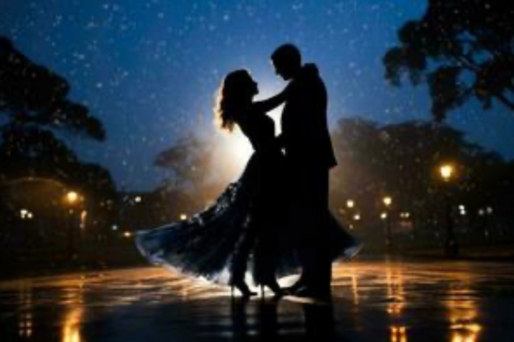 A man and a woman are dancing in the rain.