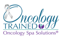 Logo for Oncology Spa Solutions. Features a silver ribbon, blue text, and purple accents.