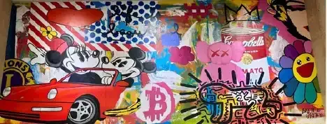 Colorful graffiti mural with cartoon characters, a red car, flowers, and a pink heart in a street-art style